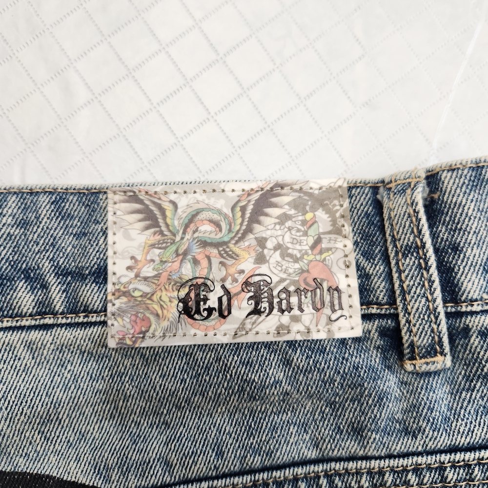 Ed Hardy Men's Graphic Jean Shorts Size 42 King Cobra Skull Raw Hem - Light Blue - Picture 5 of 13